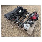 Lot of Assorted Hitches, Tools & NEW Lawn Chairs