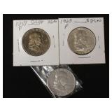 3-90% Silver Franklin halves. 1957-D, 1963-D, &