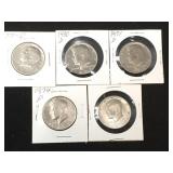 5-Kennedy half dollar coins, various dates