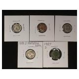 5 Roosevelt dimes, various dates