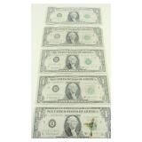 5 Single dollar bills signed by Joseph W. Barr
