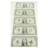 5 Single dollar bills signed by Joseph W. Barr