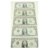 5 Single dollar bills signed by Joseph W. Barr