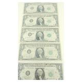 5 Single dollar bills signed by Joseph W. Barr