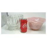 Gibson pink glass bowl, vintage clear glass bowl.