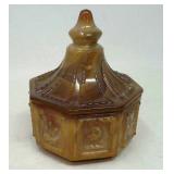 Caramel slag glass candy dish and lid.