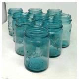 9 Vintage Ball pint jars, blue/green.