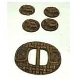 Antique hand carved wooden buttons and buckle.