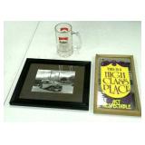 Bar mirror,  framed print of vintage car,