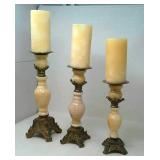 3 Metal base, faux marble candle holders w/candles