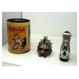 Cracker Jack tin, gladiator sculpture,