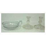 Vintage glass candy dish and 2 glass candle