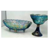 Carnival glass footed fruit bowl and compote.