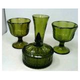 4 Vintage green glass compotes, vase,