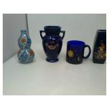 3 oriental theme vases, blue mug.