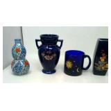 3 Oriental theme vases, blue mug.