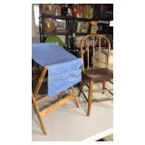 Small wooden chair and a foldable stand with