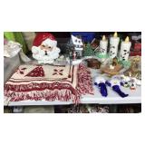 Christmas ceramics, Afghan and small items. Santa