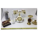 French telephone, brass candle holders, battery