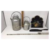 Two aluminum milk cans made in USA. Dust pan and