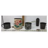 Two vintage sifter's, measuring cup, nutmeg