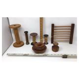 Wooden spools, bowl, biscuit cutter and drying