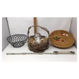 11' wood bowl, metal basket and primitive basket