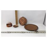 3 copper pieces, one mold, biscuit cutter, clam