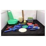 Chip bag holders, Tupperware grater, measuring