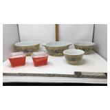 Pyrex 4 bowl set and two red/clear refrigerator