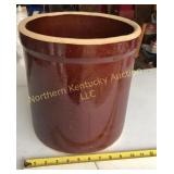 Solid brown crock is 10 1/2' dia x 11 1/2' tall