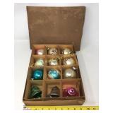 Box of vintage glass ornaments.