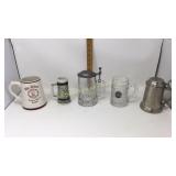 5 Glass, pewter, and porcelain beer steins.