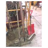 Lot of yard tools includes hard rake flat shovel,