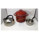 Revere ware tea kettle, small Farberware pot,