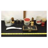 3 Shaving mugs, brushes, shoehorn, wooden box,