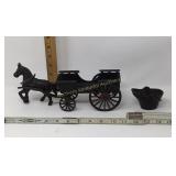 Cast iron horse, wagon and coal bucket.