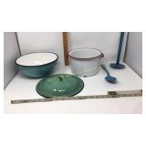 Enamel bowl, pot,  ten inch lid, & two utensils