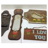 4 Wooden wall hangings, sign, candle holder,