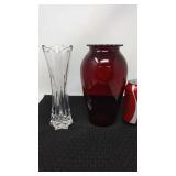 Crystal vase and a Ruby red vase.