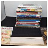 Assorted crafting books, beads jewelry,