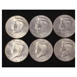 6 Kennedy half dollars