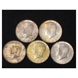 5 Silver clad Kennedy half dollars, 1965-1969,