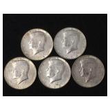 5 Silver clad Kennedy half dollars, 1965-1969,