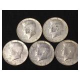 5 Silver clad Kennedy half dollars, 1965-1969,