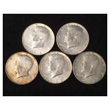 5 Silver clad Kennedy half dollars, 1965-1969,