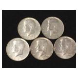 5 Silver clad Kennedy half dollars, 1965-1969,