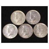 5 Silver clad Kennedy half dollars, 1965-1969,