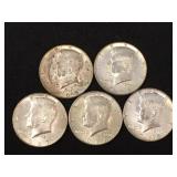 5 Silver clad Kennedy half dollars, 1965-1969,