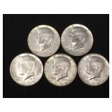 5 Silver clad Kennedy half dollars, 1965-1969,